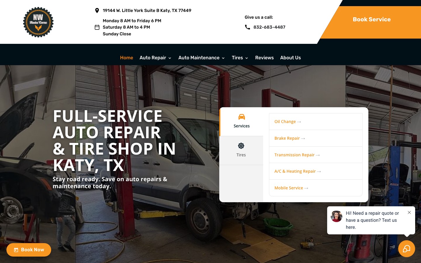 nweautocare.com homepage on desktop, October 7 2026