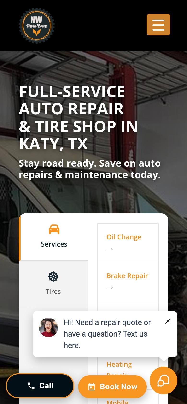 nweautocare.com homepage on a 390px phone after fixes, October 7 2026
