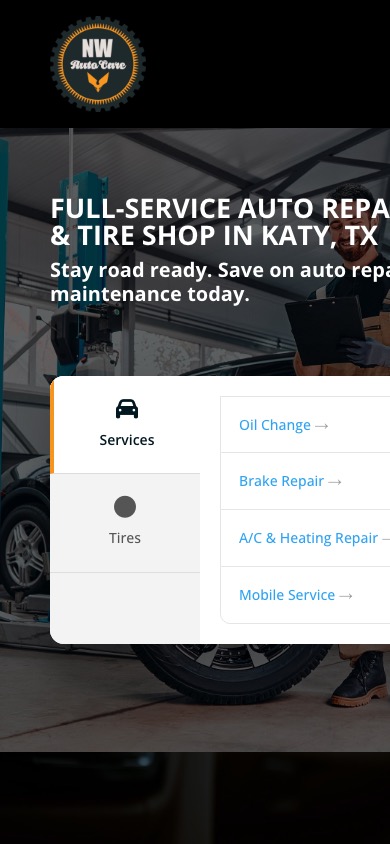 Northwest Express Auto Care homepage on a 390 pixel phone screen with the headline cut off at the right edge, captured October 3 2026